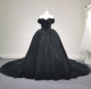 Elegant Black Off Shoulder Gothic Ball Gown Wedding Dress with Beaded Corset Bodice - Rosymae