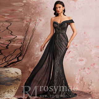 Elegant Black One Shoulder Evening Dress Luxury Party Gowns - Rosymae