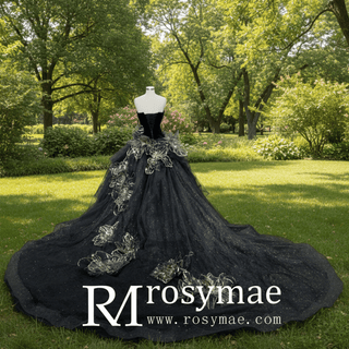 Elegant Black Wedding Dress with Gold Flower Ruffle Skirt - Rosymae