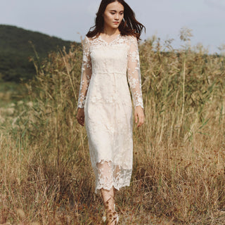 Elegant Bohemian-style Lace Midi Wedding Dress with Long Sleeve - Rosymae