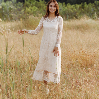 Elegant Bohemian-style Lace Midi Wedding Dress with Long Sleeve - Rosymae
