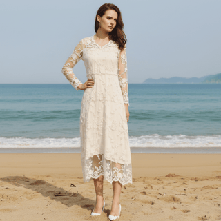 Elegant Bohemian-style Lace Midi Wedding Dress with Long Sleeve - Rosymae