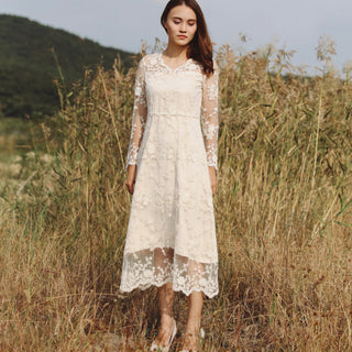 Bohemian Lace Midi Wedding Dress with Long Sleeve – Rosymae