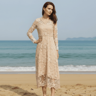 Elegant Bohemian-style Lace Midi Wedding Dress with Long Sleeve - Rosymae