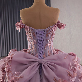 Elegant Bow Back Basque Waist Maxi Blush Quinceanera Dresses with Ruffle - Rosymae
