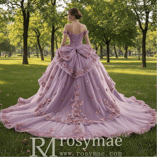 Elegant Bow Back Basque Waist Maxi Blush Quinceanera Dresses with Ruffle - Rosymae