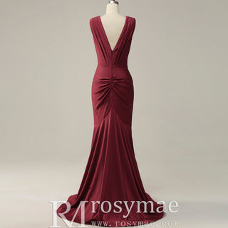 Elegant Burgundy Mermaid Deep V neck Bridesmaid Dress - Rosymae