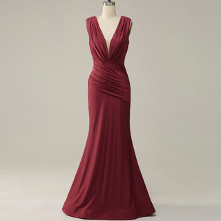 Elegant Burgundy Mermaid Deep V neck Bridesmaid Dress - Rosymae