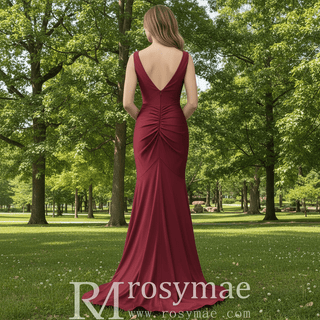 Elegant Burgundy Mermaid Deep V neck Bridesmaid Dress - Rosymae