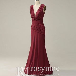 Elegant Burgundy Mermaid Deep V neck Bridesmaid Dress - Rosymae