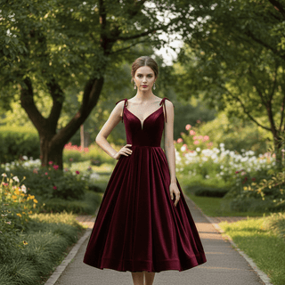 Elegant Burgundy Spaghetti Straps Velvet Prom Dress with V-neck - Rosymae