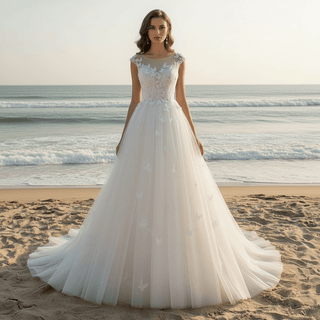 Elegant Butterfly Appliqued Tulle A-Line Wedding Dress with Open Back - Rosymae
