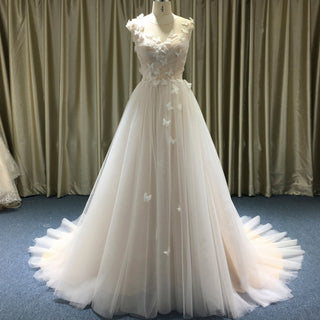 Elegant Butterfly Appliqued Tulle A-Line Wedding Dress with Open Back - Rosymae