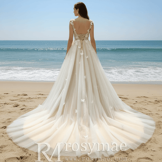 Elegant Butterfly Appliqued Tulle A-Line Wedding Dress with Open Back - Rosymae