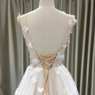 Elegant Butterfly Appliqued Tulle A-Line Wedding Dress with Open Back - Rosymae