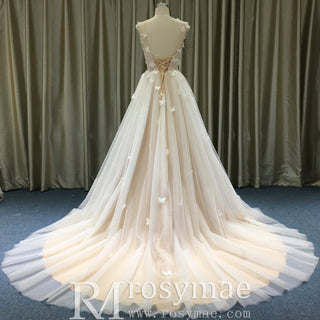 Elegant Butterfly Appliqued Tulle A-Line Wedding Dress with Open Back - Rosymae