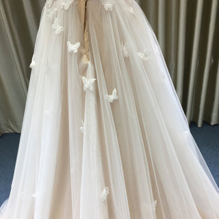 Elegant Butterfly Appliqued Tulle A-Line Wedding Dress with Open Back - Rosymae