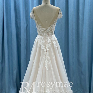 Elegant Cap Sleeve Tulle Lace Sheath Wedding Dress with Sheer Neck - Rosymae