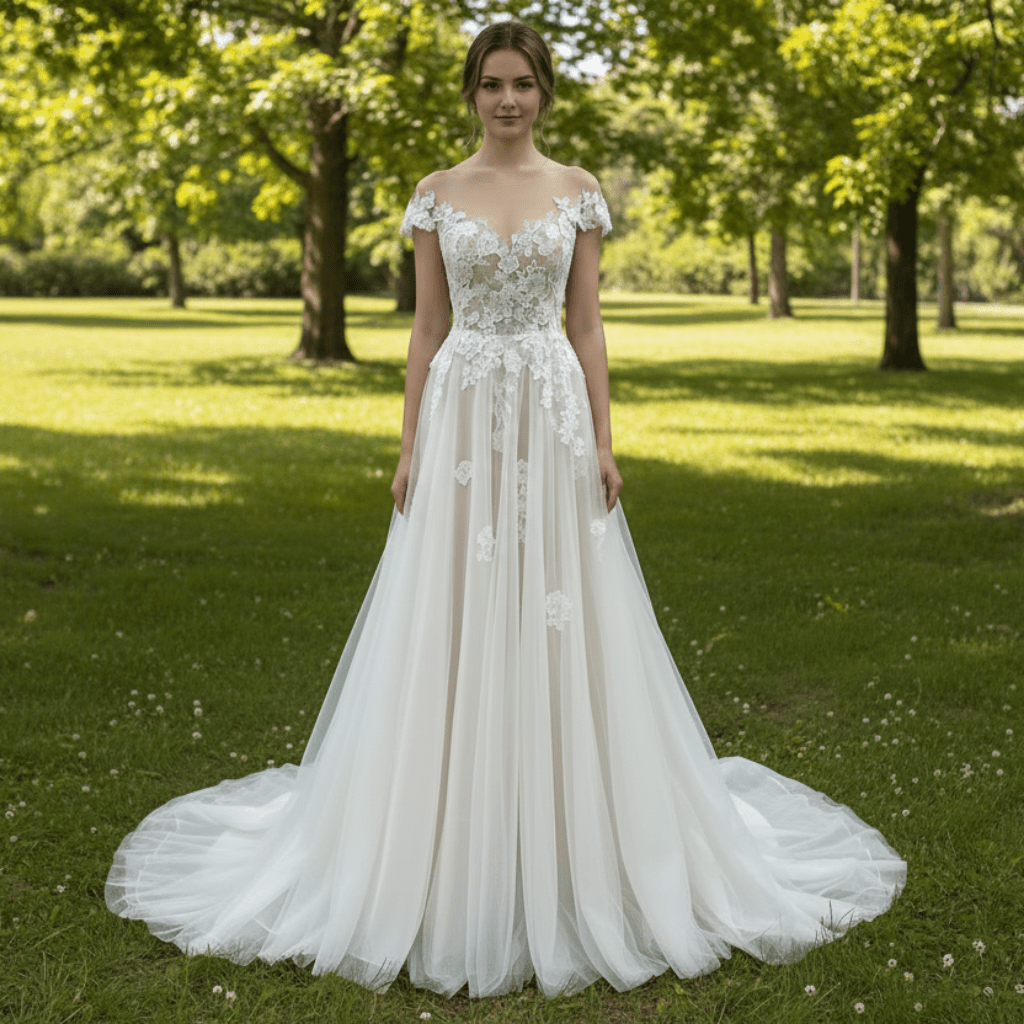 Elegant Cap Sleeve Tulle Lace Sheath Wedding Dress with Sheer Neck - Rosymae