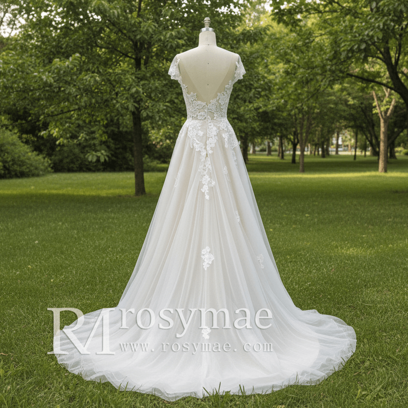 Elegant Cap Sleeve Tulle Lace Sheath Wedding Dress with Sheer Neck - Rosymae