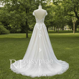 Elegant Cap Sleeve Tulle Lace Sheath Wedding Dress with Sheer Neck - Rosymae