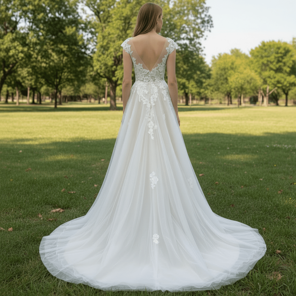 Elegant Cap Sleeve Tulle Lace Sheath Wedding Dress with Sheer Neck - Rosymae