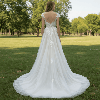 Elegant Cap Sleeve Tulle Lace Sheath Wedding Dress with Sheer Neck - Rosymae