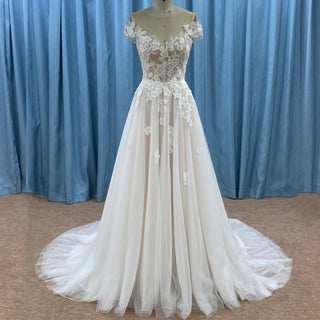 Elegant Cap Sleeve Tulle Lace Sheath Wedding Dress with Sheer Neck - Rosymae