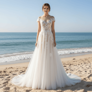 Elegant Cap Sleeve Tulle Lace Sheath Wedding Dress with Sheer Neck - Rosymae