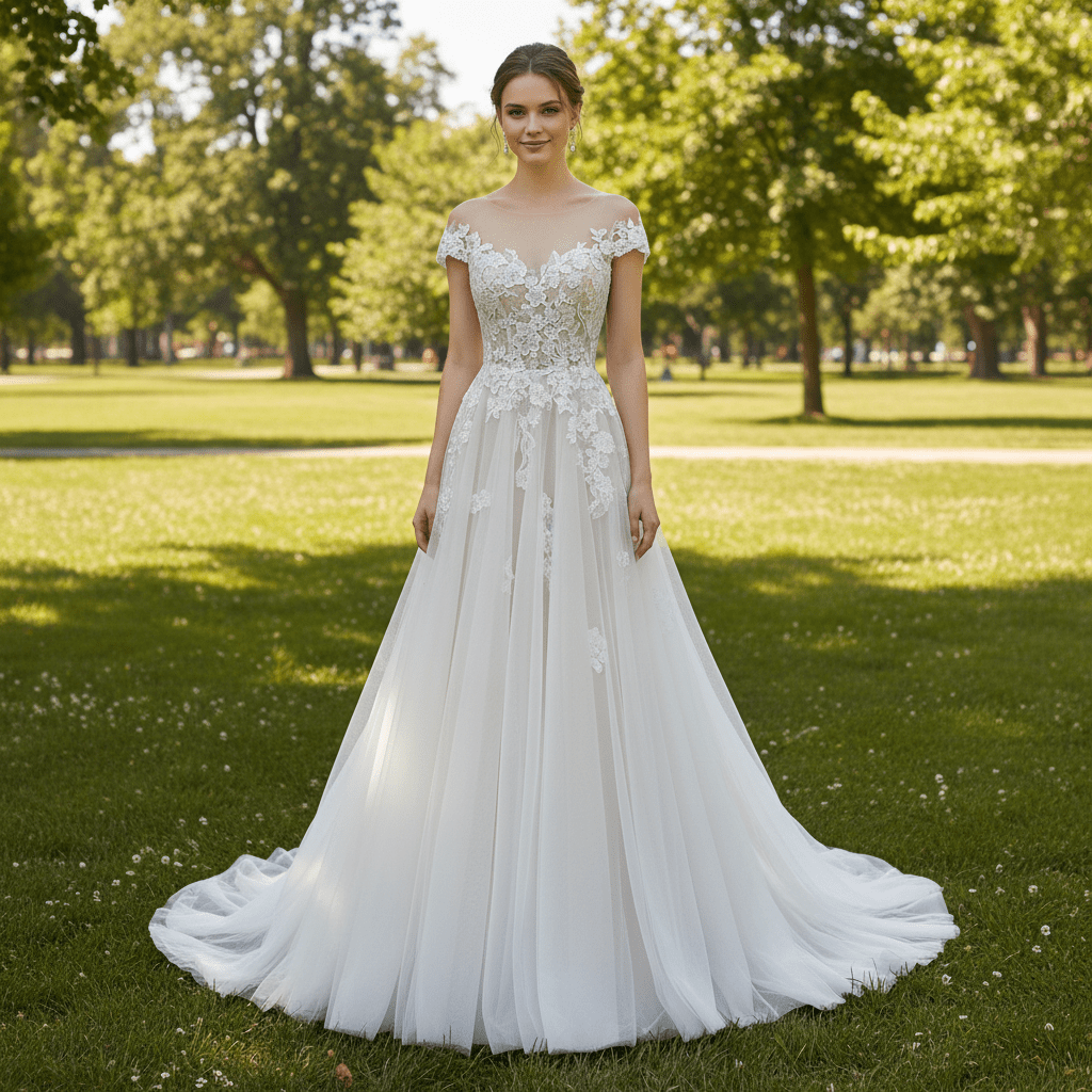 Elegant Cap Sleeve Tulle Lace Sheath Wedding Dress with Sheer Neck - Rosymae