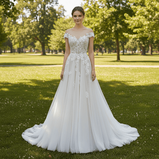 Elegant Cap Sleeve Tulle Lace Sheath Wedding Dress with Sheer Neck - Rosymae