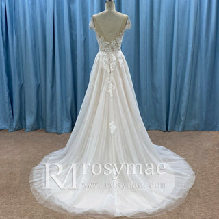 Elegant Cap Sleeve Tulle Lace Sheath Wedding Dress with Sheer Neck - Rosymae