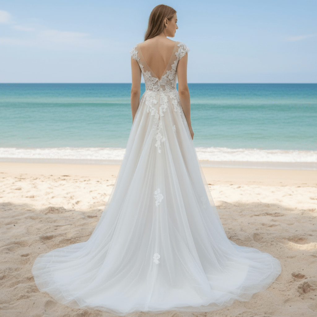 Elegant Cap Sleeve Tulle Lace Sheath Wedding Dress with Sheer Neck - Rosymae