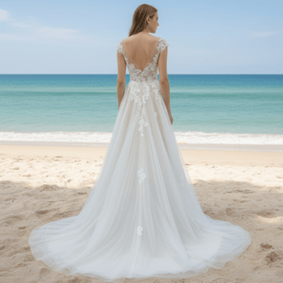 Elegant Cap Sleeve Tulle Lace Sheath Wedding Dress with Sheer Neck - Rosymae