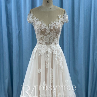 Elegant Cap Sleeve Tulle Lace Sheath Wedding Dress with Sheer Neck - Rosymae