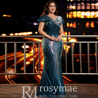 Elegant Capped Sleeve Long Plus-Size Mermaid Formal Dress with Vneck - Rosymae