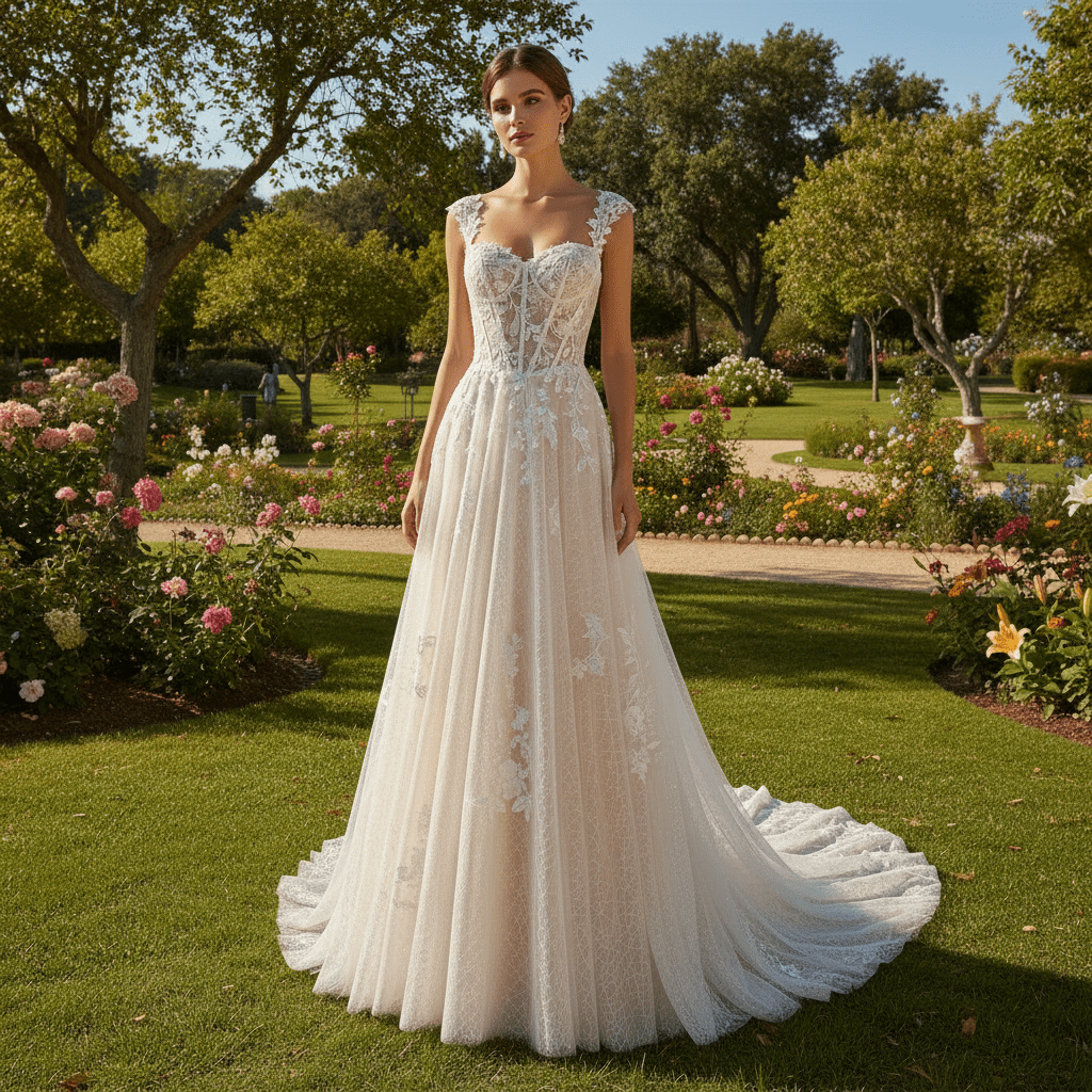 Elegant Champagne A-line Tulle Lace Wedding Dress Open Back - Rosymae