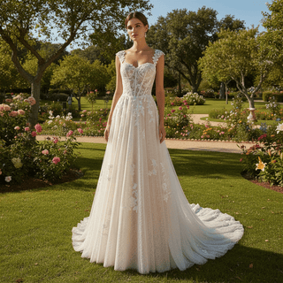 Elegant Champagne A-line Tulle Lace Wedding Dress Open Back - Rosymae