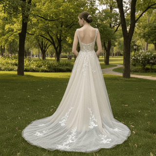 Elegant Champagne A-line Tulle Lace Wedding Dress Open Back - Rosymae