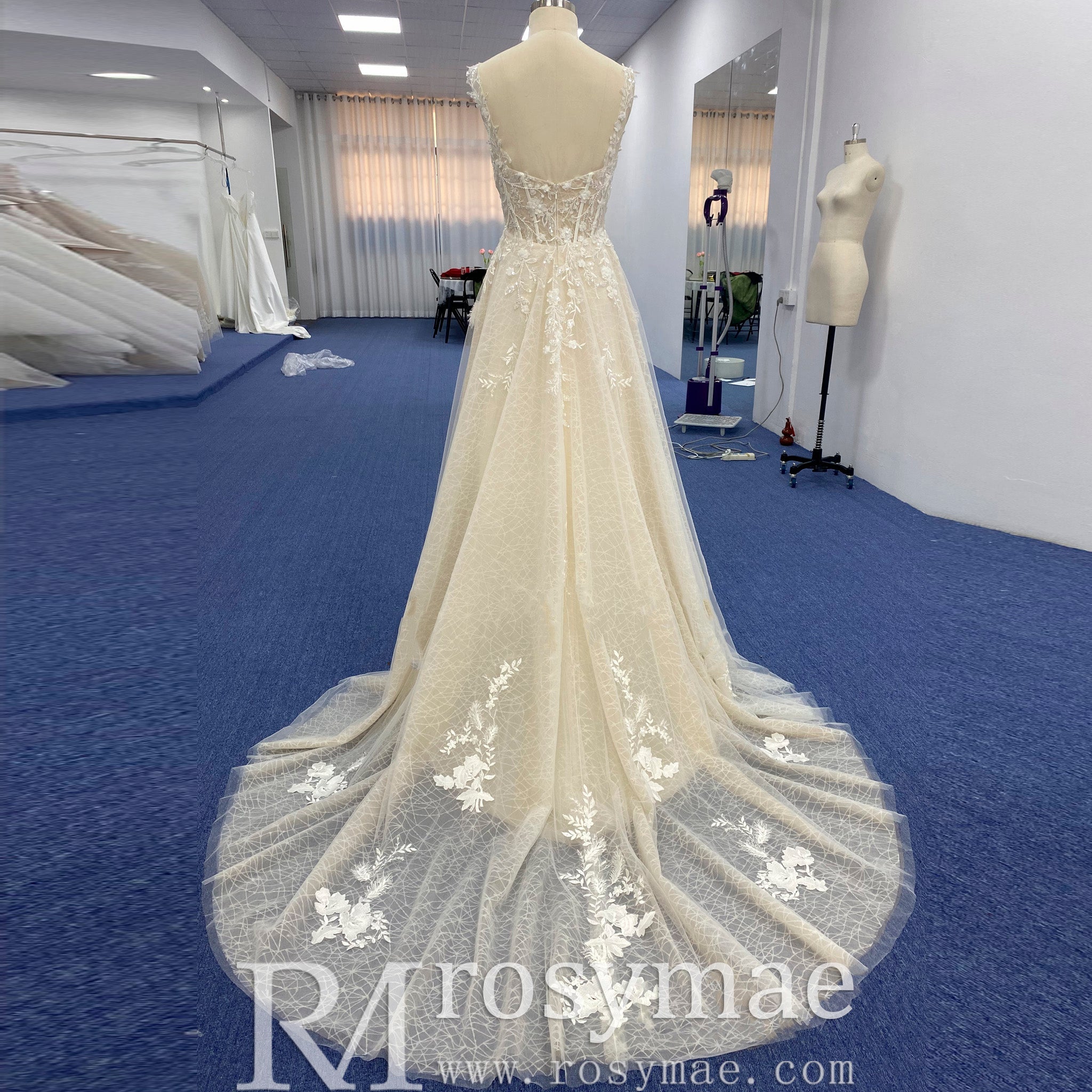 Elegant Champagne A-line Tulle Lace Wedding Dress Open Back - Rosymae
