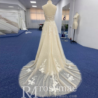 Elegant Champagne A-line Tulle Lace Wedding Dress Open Back - Rosymae