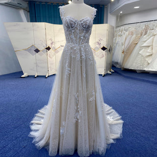 Elegant Champagne A-line Tulle Lace Wedding Dress Open Back - Rosymae