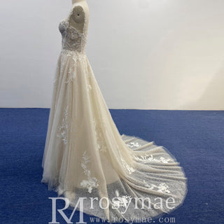 Elegant Champagne A-line Tulle Lace Wedding Dress Open Back - Rosymae