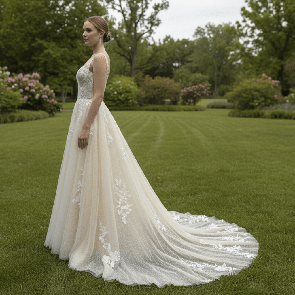 Elegant Champagne A-line Tulle Lace Wedding Dress Open Back - Rosymae