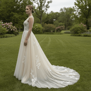 Elegant Champagne A-line Tulle Lace Wedding Dress Open Back - Rosymae