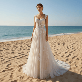 Elegant Champagne A-line Tulle Lace Wedding Dress Open Back - Rosymae