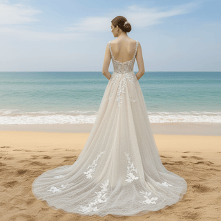Elegant Champagne A-line Tulle Lace Wedding Dress Open Back - Rosymae