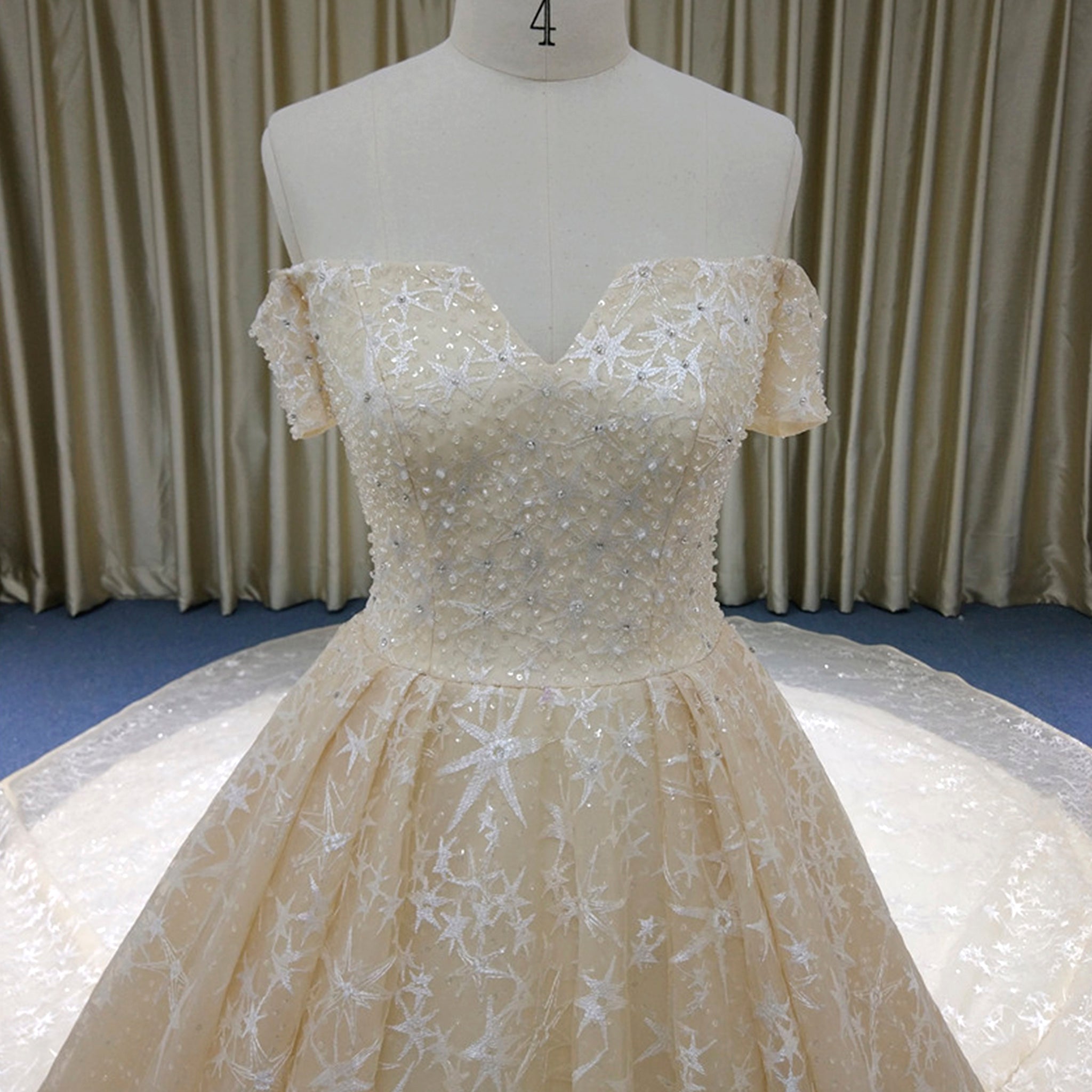 Elegant Champagne Gold Star Lace Wedding Dress with Off the Shoulder - Rosymae