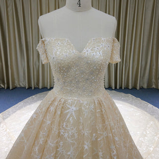 Elegant Champagne Gold Star Lace Wedding Dress with Off the Shoulder - Rosymae
