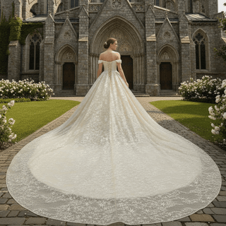 Elegant Champagne Gold Star Lace Wedding Dress with Off the Shoulder - Rosymae
